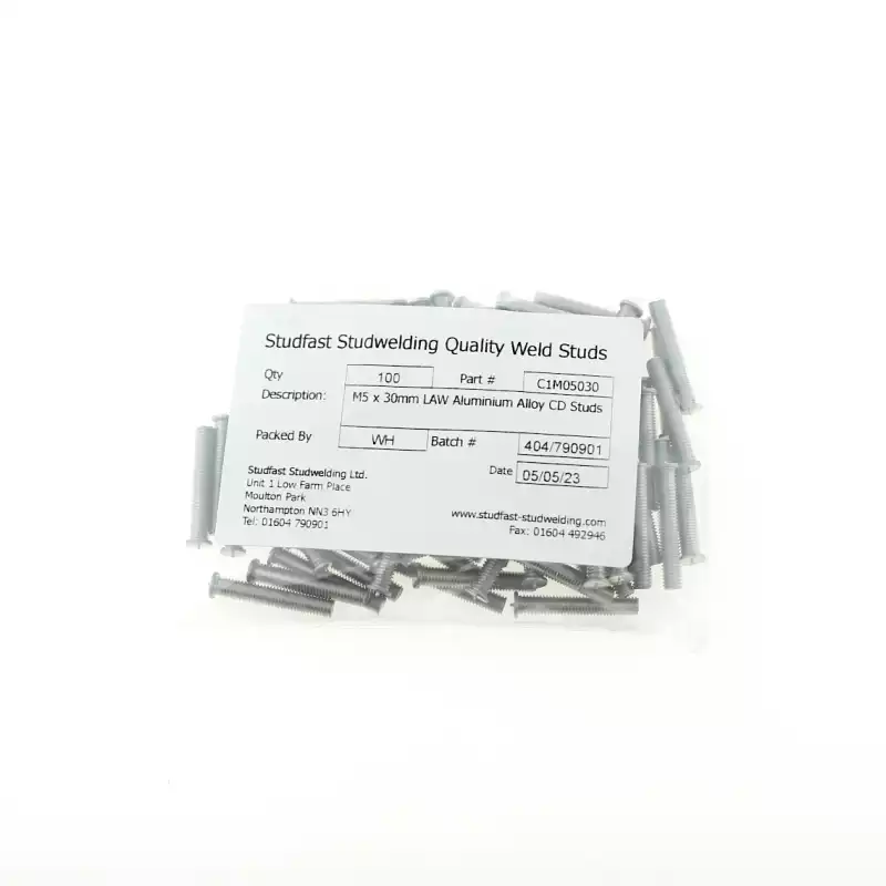 Aluminium Alloy Unthreaded Capacitor Discharge Weld Studs 5mm Diameter x 30mm Length bag of one hundred cd weld studs