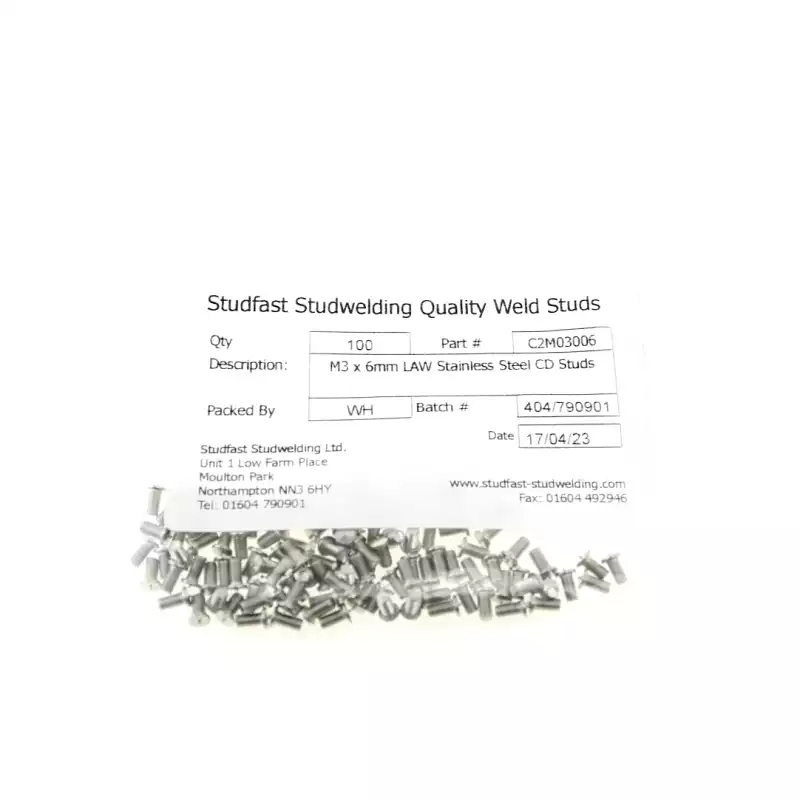 Stainless Steel CD Weld Studs M3 x 6mm Length  bag of one hundred cd weld studs