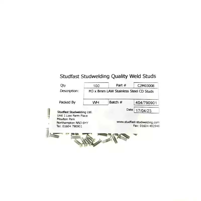 Stainless Steel CD Weld Studs M3 x 8mm Length (A2 spec.) bag of one hundred cd weld studs
