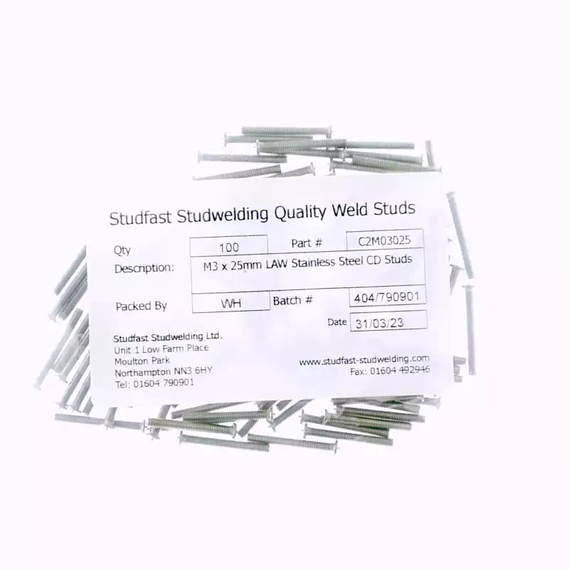 Stainless Steel CD Weld Studs M3 x 25mm Length (A2 spec.) bag of one hundred cd weld studs