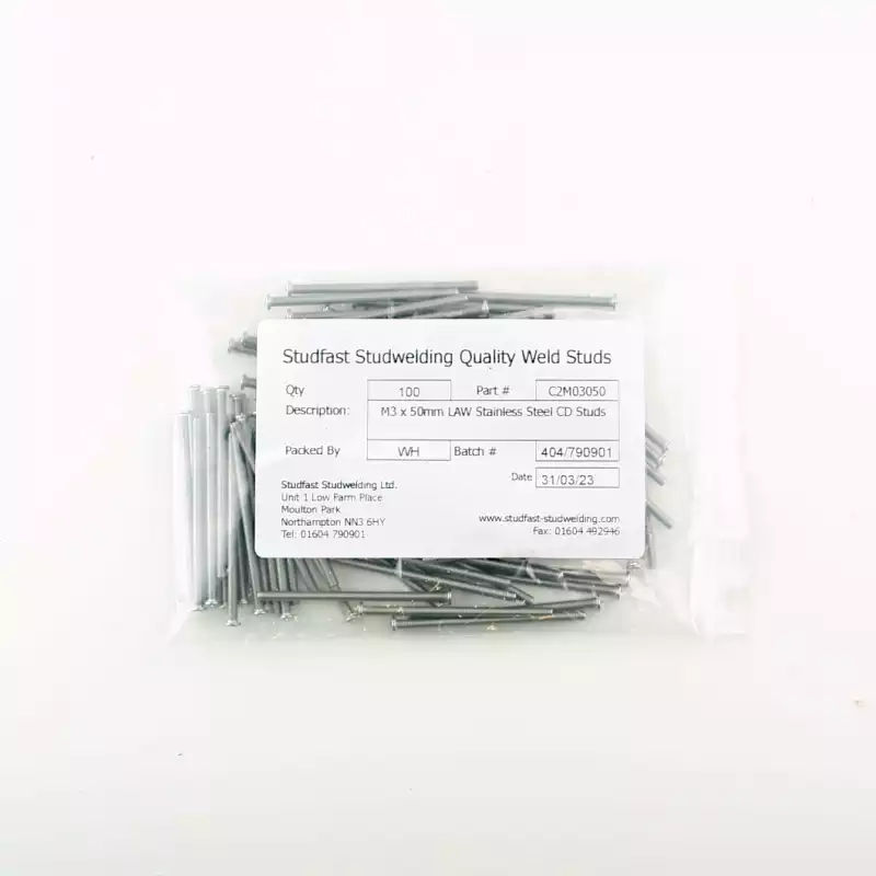 Stainless Steel CD Weld Studs M3 x 50mm Length (A2 spec.) bag of one hundred cd weld studs
