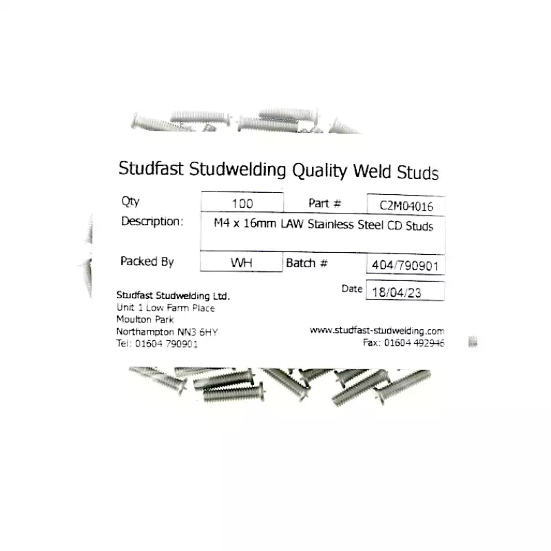 Stainless Steel CD Weld Studs M4 x 16mm Length (A2 spec.) bag of one hundred cd weld studs