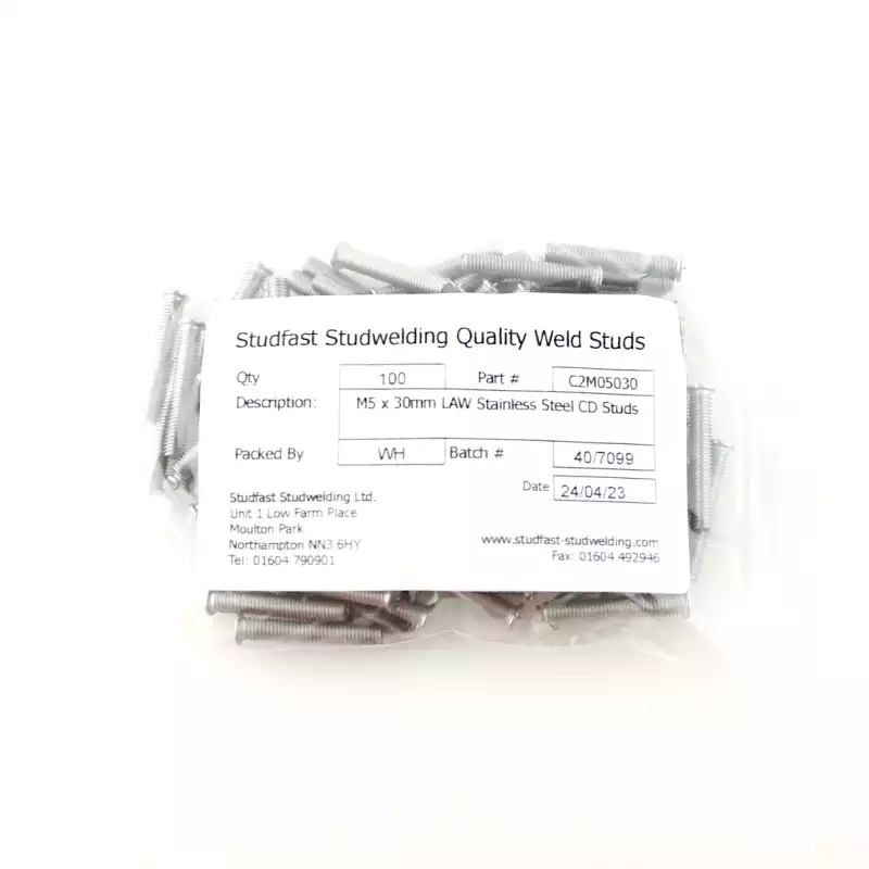 Stainless Steel CD Weld Studs M5 x 30mm Length (A2 spec.) bag of one hundred cd weld studs