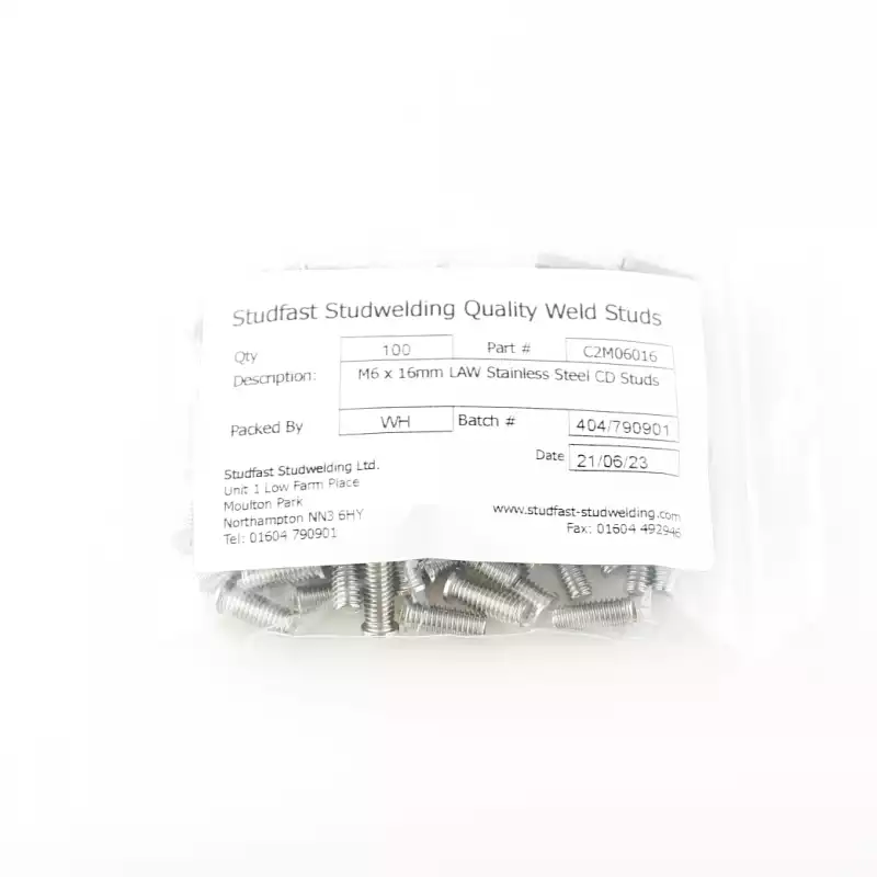 Stainless Steel CD Weld Studs M6 x 16mm Length (A2 spec.) bag of one hundred cd weld studs