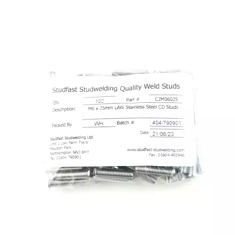 Stainless Steel CD Weld Studs M6 x 25mm Length (A2 spec.) bag of one hundred cd weld studs