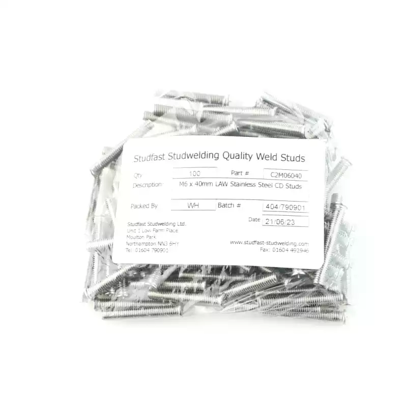 Stainless Steel CD Weld Studs M6 x 40mm Length (A2 spec.) bag of one hundred cd weld studs