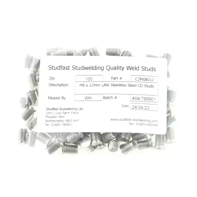 Stainless Steel CD Weld Studs M8 x 12mm Length (A2 spec.) bag of one hundred cd weld studs