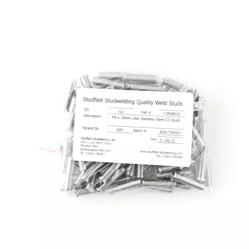 Stainless Steel CD Weld Studs M8 x 30mm Length (A2 spec.) bag of one hundred cd weld studs