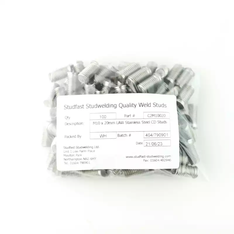 Stainless Steel CD Weld Studs M10 x 20mm Length (A2 spec.) bag of one hundred cd weld studs