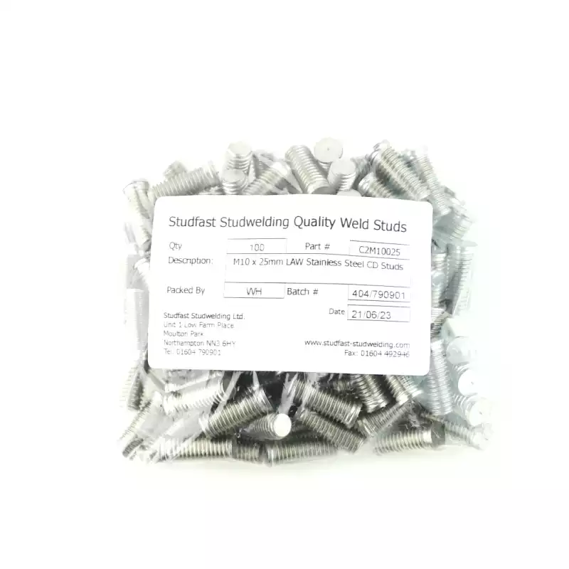 Stainless Steel CD Weld Studs M10 x 25mm Length (A2 spec.) bag of one hundred cd weld studs