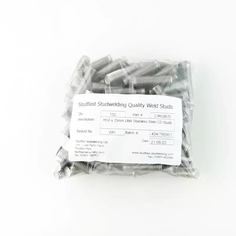 Stainless Steel CD Weld Studs M10 x 35mm Length (A2 spec.) bag of one hundred cd weld studs