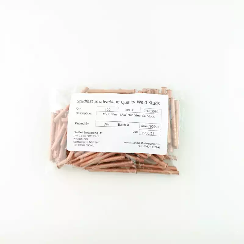 Mild Steel CD Weld Studs M5 x 50mm Length (copper flashed) bag of one hundred cd weld studs
