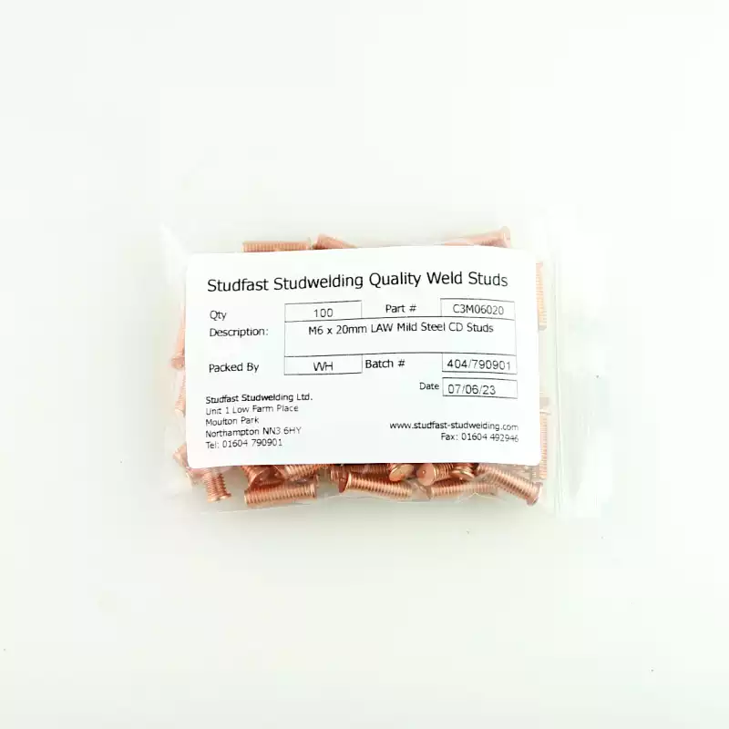 Mild Steel CD Weld Studs M6 x 20mm Length (copper flashed) bag of one hundred cd weld studs