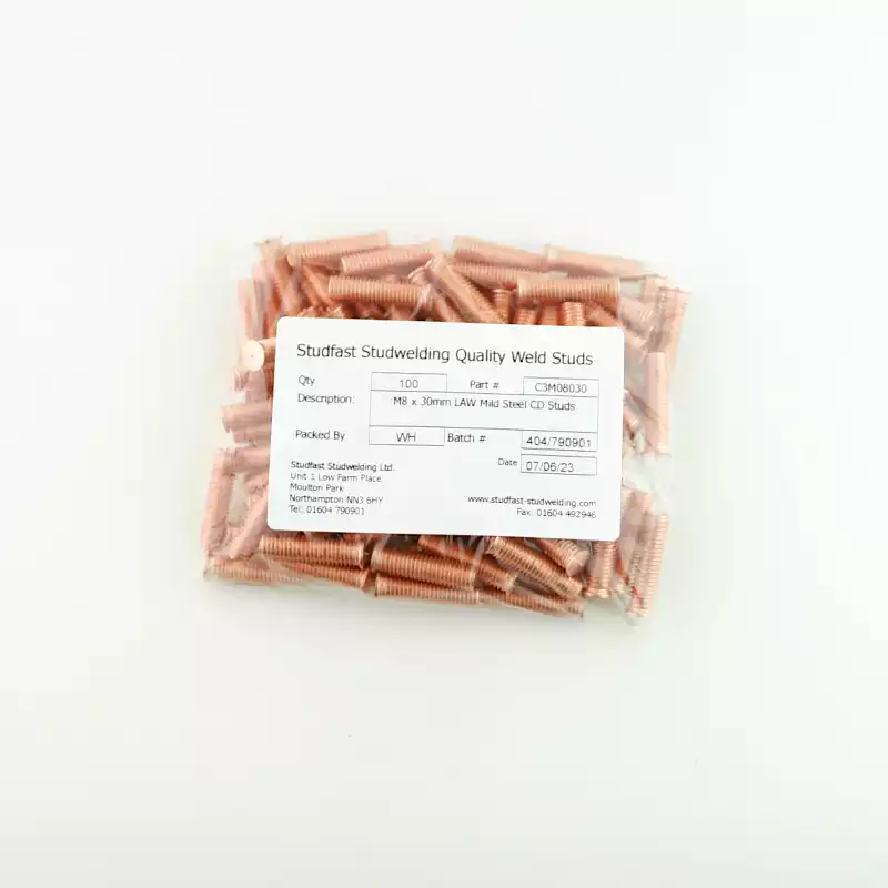 Mild Steel CD Weld Studs M8 x 30mm Length (copper flashed) bag of one hundred cd weld studs