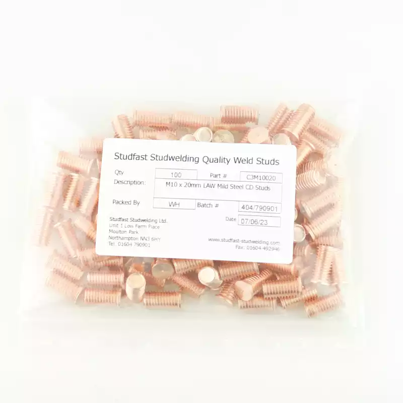 Mild Steel CD Weld Studs M10 x 20mm Length (copper flashed) bag of one hundred cd weld studs