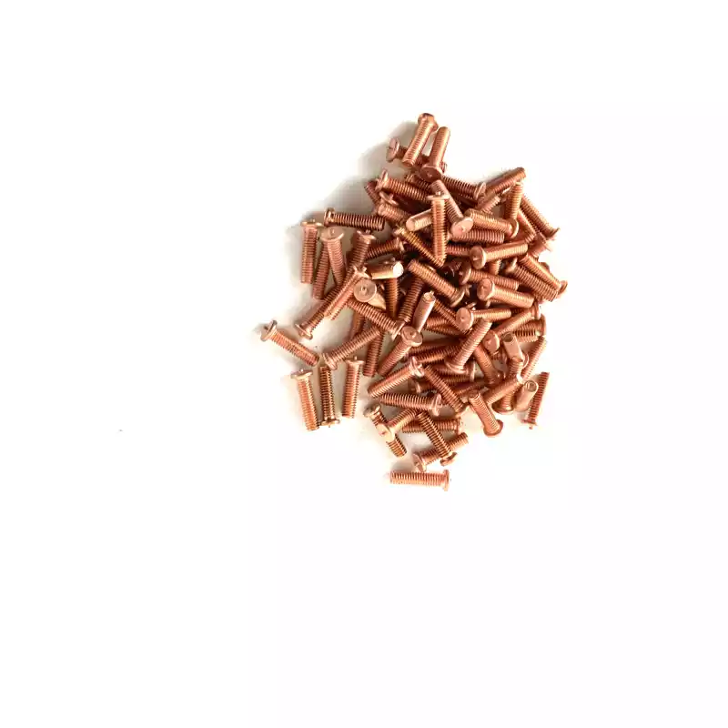 Mild Steel CD Weld Studs M2.5 x 10mm Length (copper flashed) photographed closer in