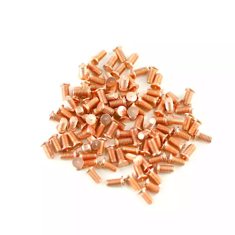Mild Steel CD Weld Studs M4 x 8mm Length (copper flashed) photographed closer in