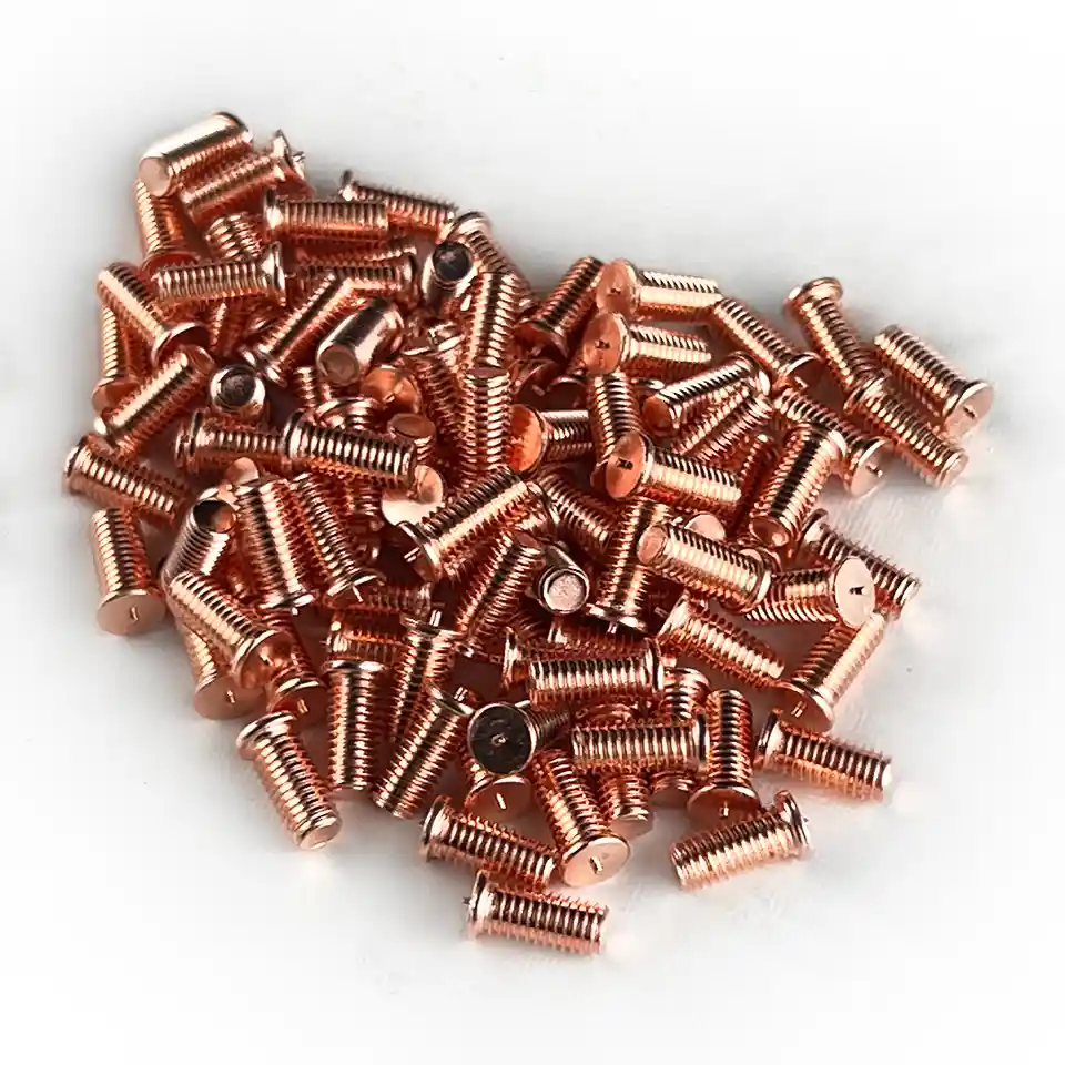 Mild Steel CD Weld Studs M5 x 12mm Length (copper flashed) photographed closer in
