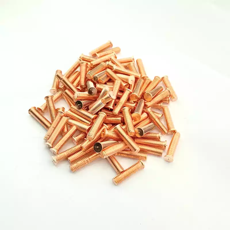 Mild Steel CD Weld Studs M6 x 25mm Length (copper flashed) photographed closer in