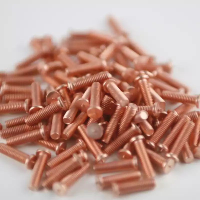 Product image extreme close up of Mild Steel CD Weld Studs M3 x 12mm Length (copper flashed)