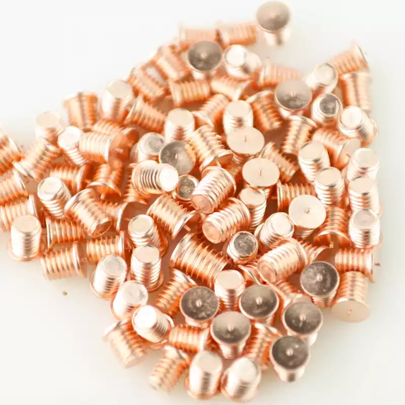 Product image extreme close up of Mild Steel CD Weld Studs M6 x 8mm Length (copper flashed)
