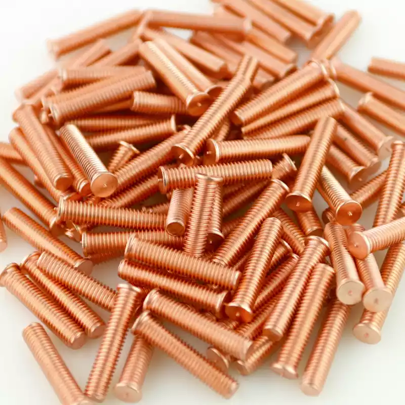 Product image extreme close up of Mild Steel CD Weld Studs M6 x 30mm Length (copper flashed)