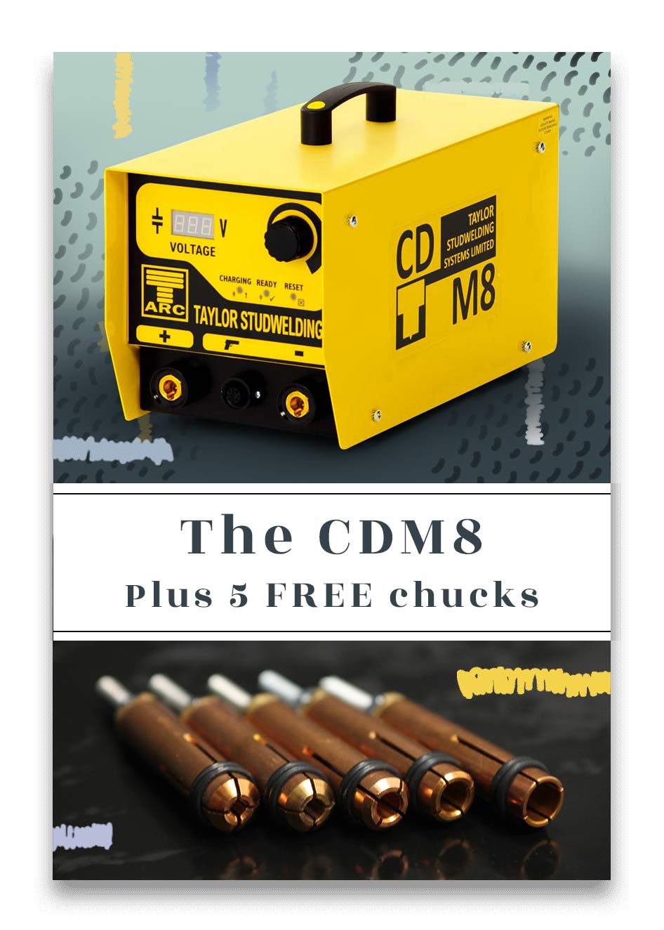 the cdm8 studwelding machine including free chucks