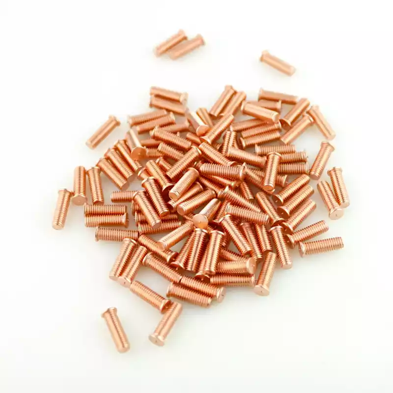 Mild Steel CD Weld Studs M6 x 20mm Length (copper flashed) photographed closer in