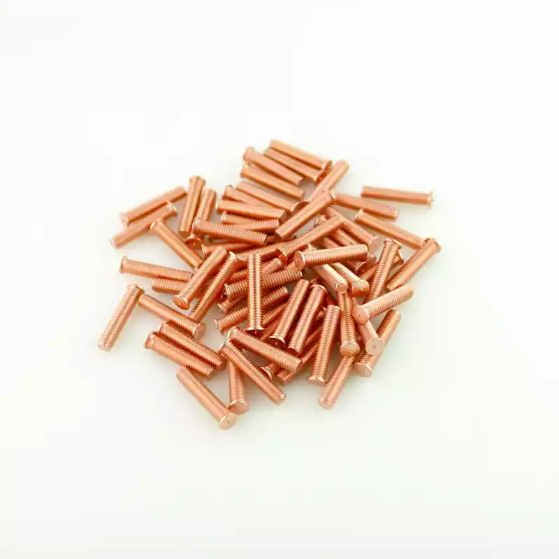 Mild Steel CD Weld Studs M6 x 30mm Length (copper flashed) photographed closer in