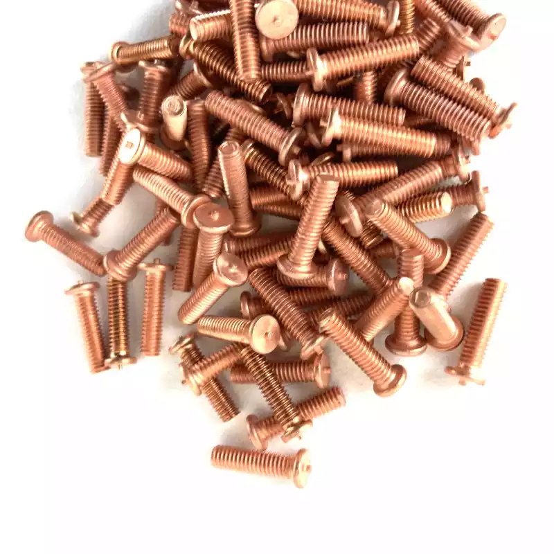 Product image extreme close up of Mild Steel CD Weld Studs M2.5 x 10mm Length (copper flashed)