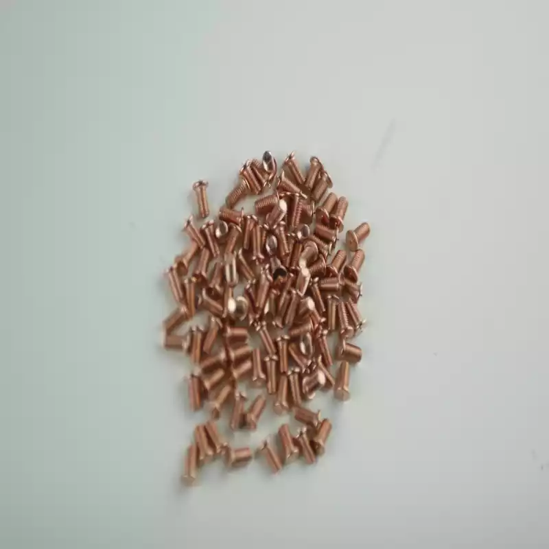 Product image extreme close up of Mild Steel CD Weld Studs M3 x 6mm Length (copper flashed)