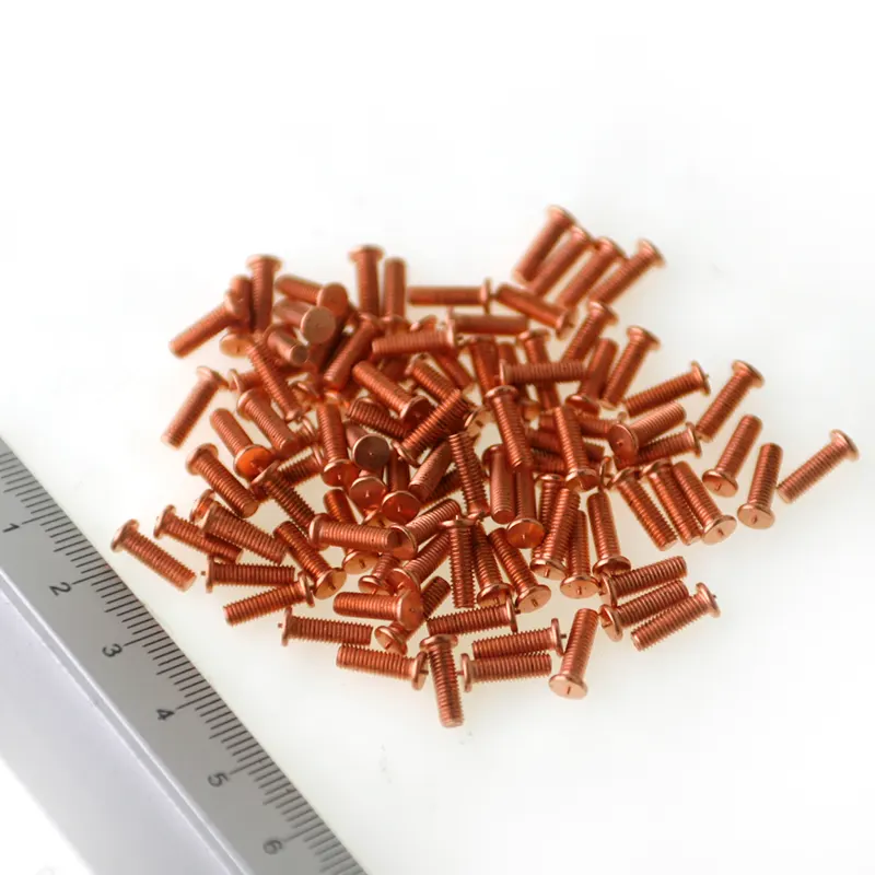 Product image extreme close up of Mild Steel CD Weld Studs M3 x 10mm Length (copper flashed)