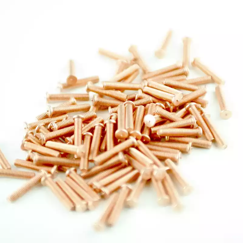 Product image extreme close up of Mild Steel CD Weld Studs M3 x16mm Length (copper flashed)