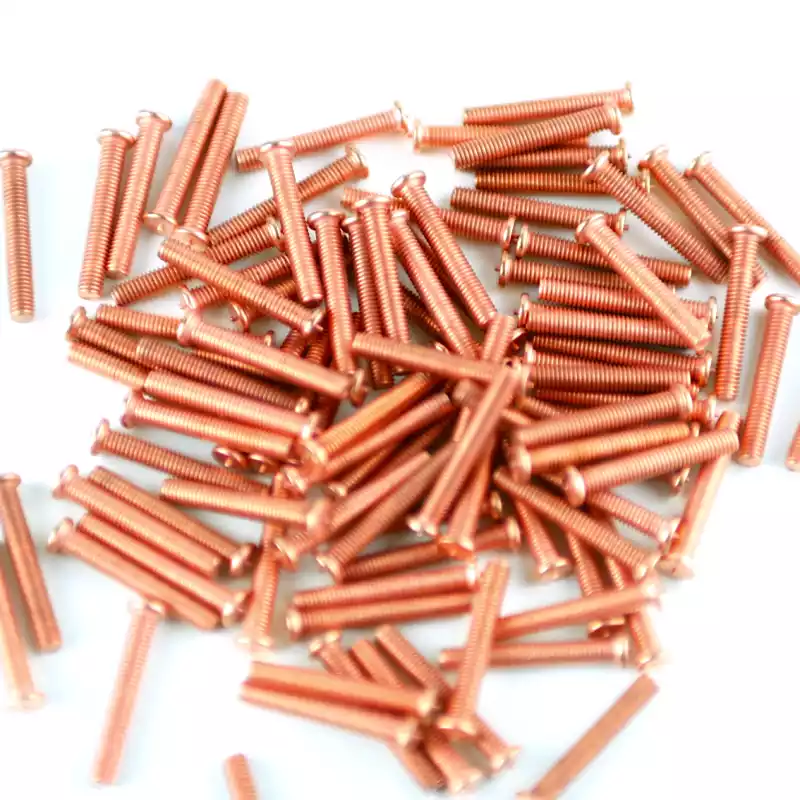 Product image extreme close up of Mild Mild Steel CD Weld Studs M3 x 20mm Length (copper flashed)