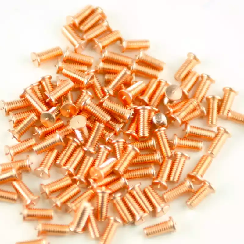 Product image extreme close up of Mild Steel CD Weld Studs M4 x 10mm Length (copper flashed)