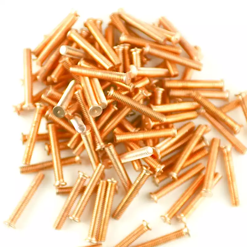 Product image extreme close up of Mild Steel CD Weld Studs M4 x25mm Length (copper flashed)