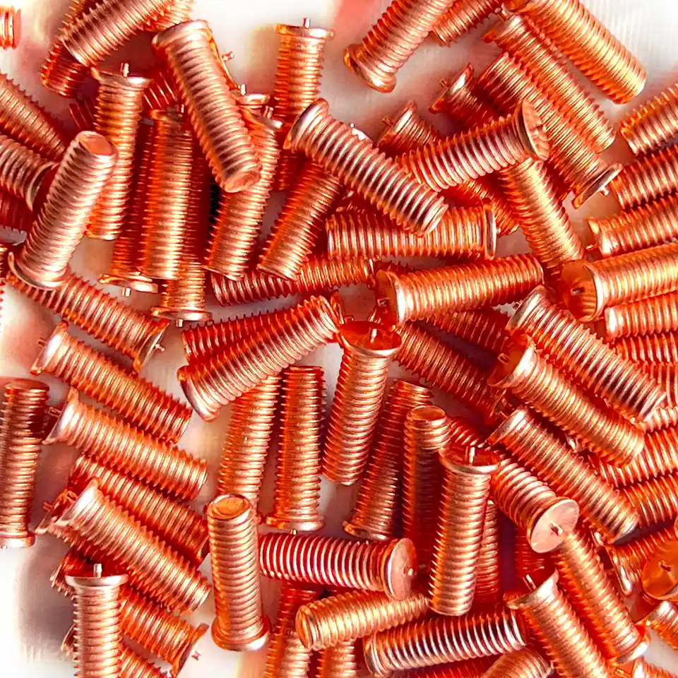 Product image extreme close up of Mild Steel CD Weld Studs M5 x 16mm Length (copper flashed)